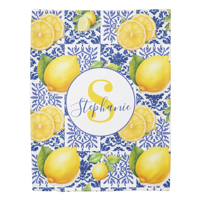 Blue White Lemon Tile Pattern Monogram Name Citrus Duvet Cover (Front)