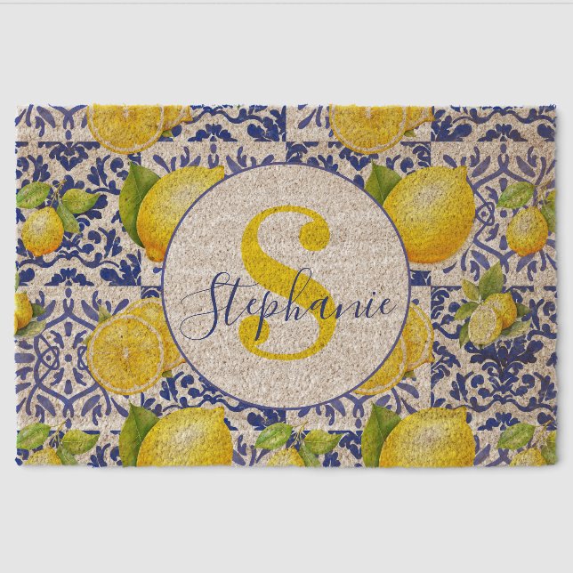 Blue White Lemon Tile Pattern Monogram Name Citrus Fiber Doormat (Front)