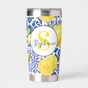 Blue White Lemon Tile Pattern Monogram Name Citrus Insulated Tumbler
