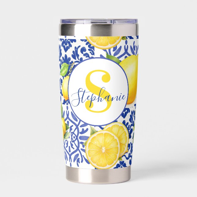 Blue White Lemon Tile Pattern Monogram Name Citrus Insulated Tumbler (Front)