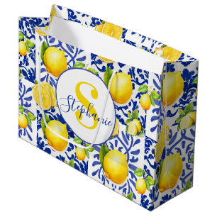 Blue White Lemon Tile Pattern Monogram Name Citrus Large Gift Bag