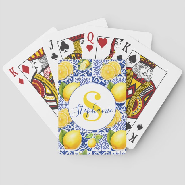 Blue White Lemon Tile Pattern Monogram Name Citrus Poker Cards (Back)