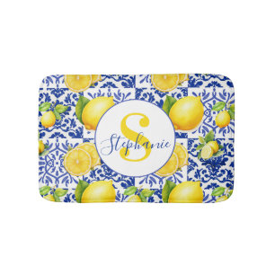 Blue White Lemon Tile Pattern Name Monogram Citrus Bath Mat