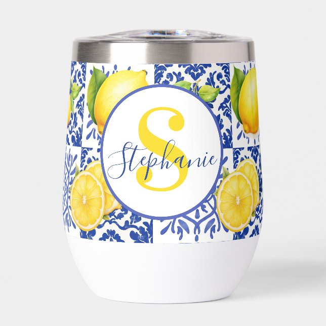 Blue White Lemon Tile Pattern Name Monogram Citrus Thermal Wine Tumbler (Front)