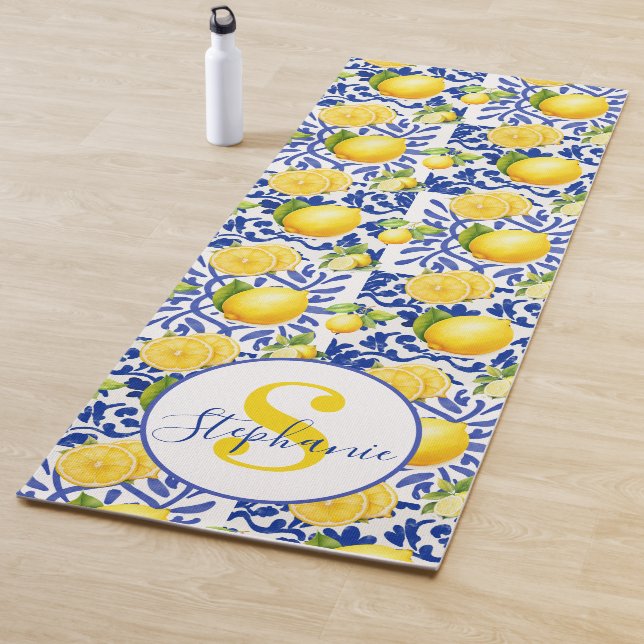 Blue White Lemon Tile Pattern Name Monogram Citrus Yoga Mat (In Situ)