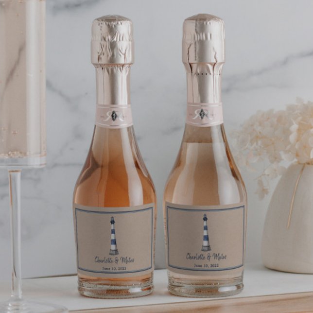 Blue White Lighthouse Border Kraft Wedding Sparkling Wine Label (Creator Uploaded)