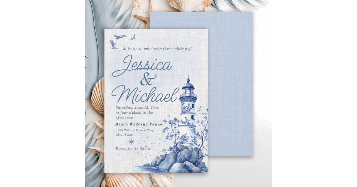 Blue White Lighthouse Coastal Beach Wedding Invitation | Zazzle