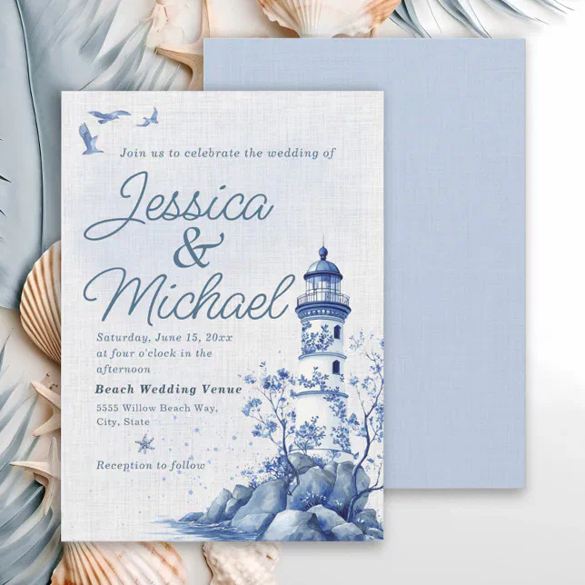 Blue White Lighthouse Coastal Beach Wedding Invitation | Zazzle