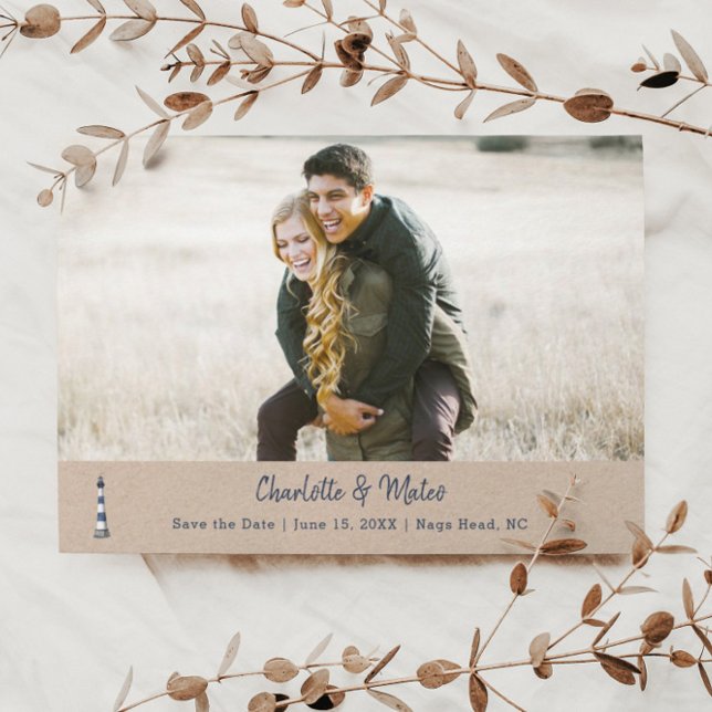 Blue White Lighthouse Flat Save The Date Card (Creator Uploaded)