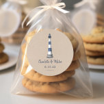 Blue White Lighthouse Kraft Wedding Classic Round Sticker<br><div class="desc">A rustic design featuring a one of a kind hand drawn lighthouse in a blue and white color theme with the couple's names and date underneath. The light kraft background texture is an image only not paper.</div>