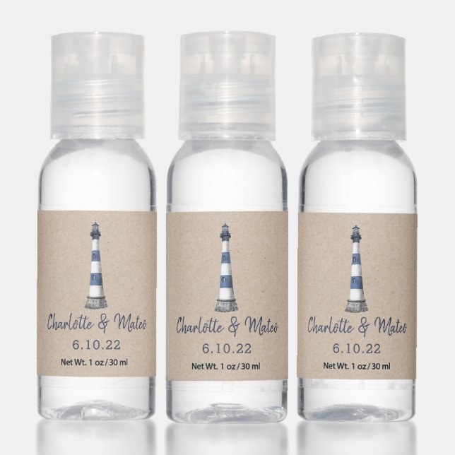Blue White Lighthouse Kraft Wedding Hand Sanitizer (Set)