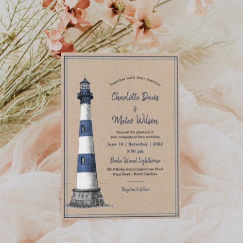 Blue White Lighthouse Kraft Wedding Invitation