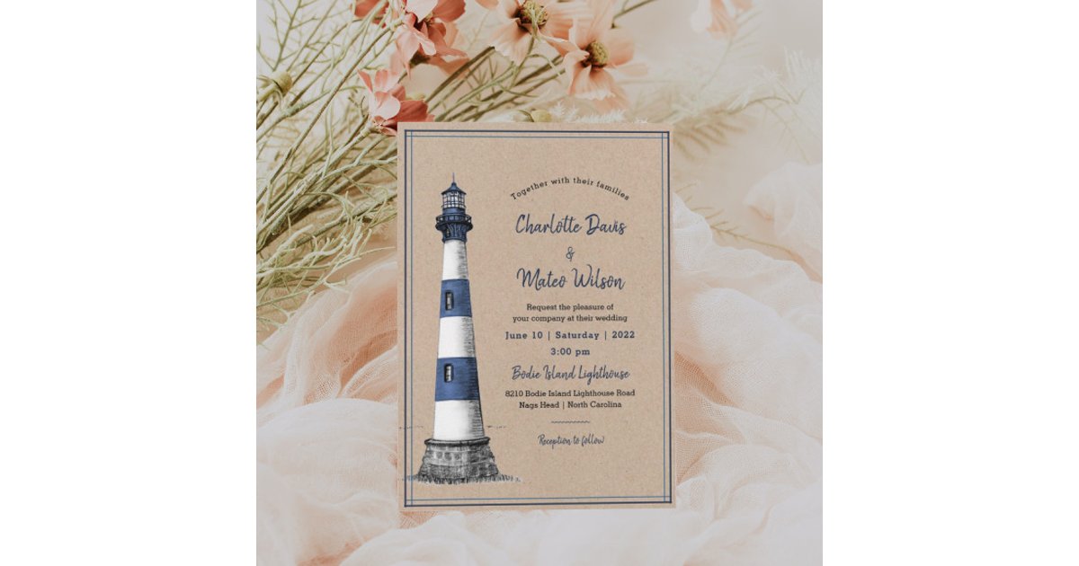 Blue White Lighthouse Kraft Wedding Invitation | Zazzle