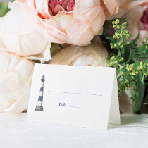Blue White Lighthouse Wedding Folded Place Card