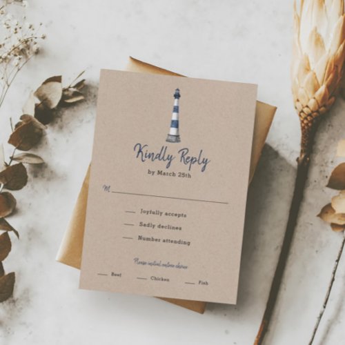 Blue White Lighthouse Wedding RSVP Card