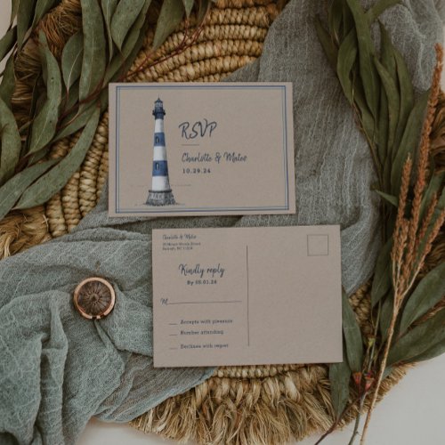 Blue White Lighthouse Wedding RSVP Postcard