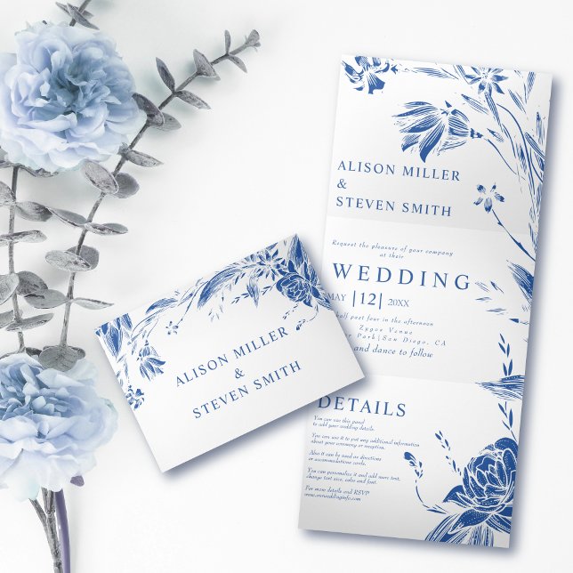 Blue, white line art flowers photo wedding Tri-Fold invitation (Creator Uploaded)