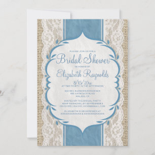 Blue White Linen Burlap Lace Bridal Shower Invites