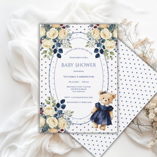Blue & White Little Lady Teddy Bear Vintage Invitation