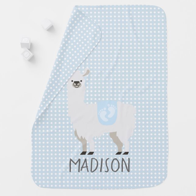 Blue & White Llama Gender Neutral Baby Blanket (In Situ)