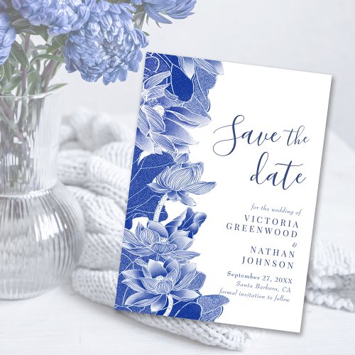 Blue White Lotus Floral Chinoiserie Save the Date