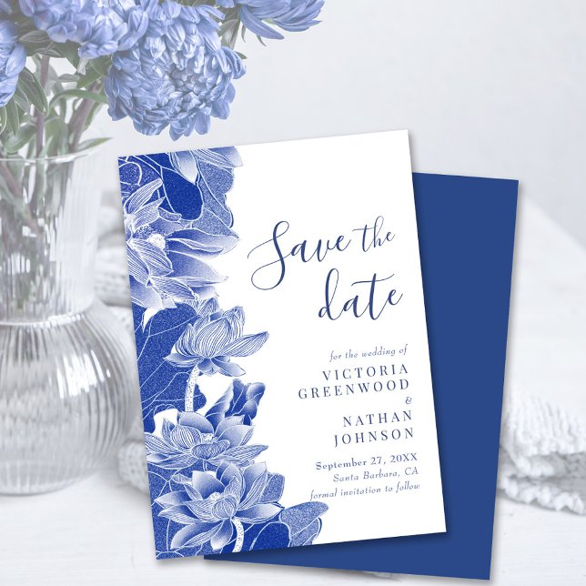 Blue White Lotus Floral Chinoiserie Save the Date  (Creator Uploaded)