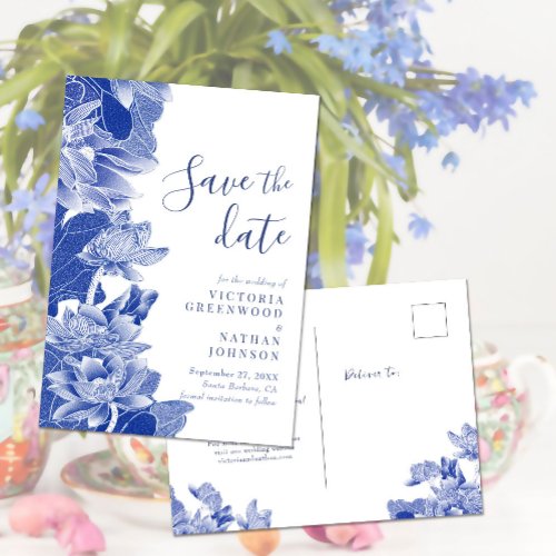 Blue White Lotus Floral Chinoiserie Save the Date Postcard