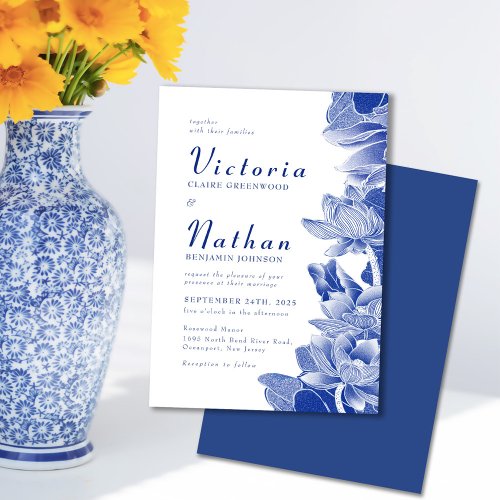 Blue  White Lotus Floral Chinoiserie Wedding Invitation