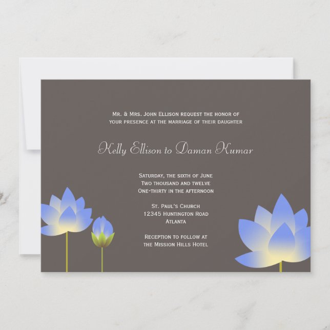 Blue white lotus flowers modern slate gray wedding invitation (Front)