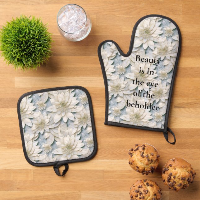 Blue White Lotus Flowers   Oven Mitt & Pot Holder Set (Top Down)
