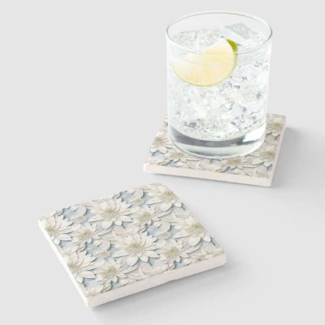 Blue White Lotus Flowers   Stone Coaster (Side)