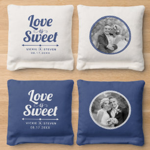 Blue, white Love is sweet typography wedding photo Cornhole Bags