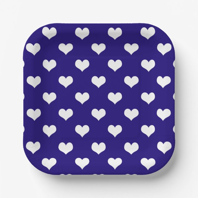 Blue White Lovely Hearts Design  Paper Plates (Front)