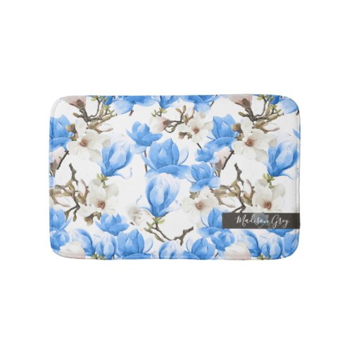 Blue  White Magnolia Blossom Watercolor Pattern Bath Mat