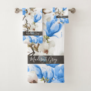Blue & White Magnolia Blossom Watercolor Pattern Bath Towel Set