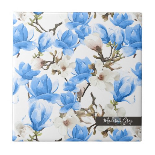 Blue  White Magnolia Blossom Watercolor Pattern Ceramic Tile