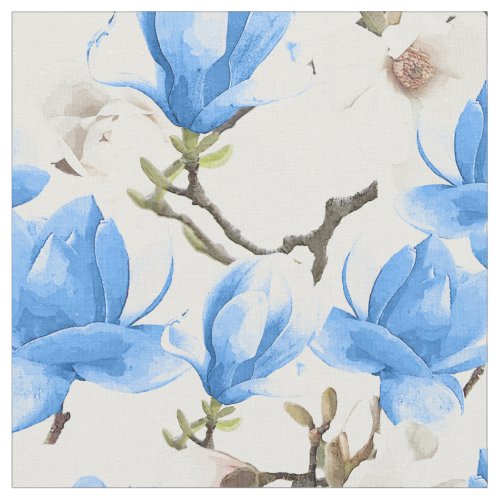 Blue  White Magnolia Blossom Watercolor Pattern Fabric