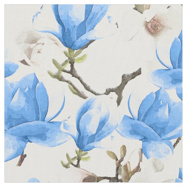 Blue & White Magnolia Blossom Watercolor Pattern Fabric (Close Up)