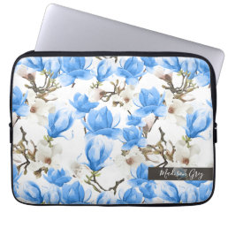 Blue &amp; White Magnolia Blossom Watercolor Pattern Laptop Sleeve