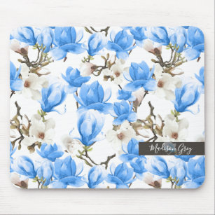 Blue & White Magnolia Blossom Watercolor Pattern Mouse Pad