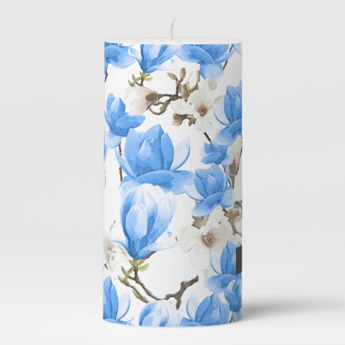 Blue  White Magnolia Blossom Watercolor Pattern Pillar Candle