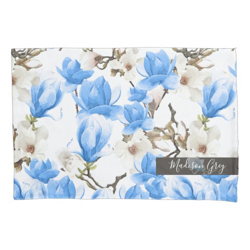 Blue  White Magnolia Blossom Watercolor Pattern Pillow Case