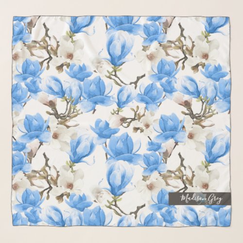 Blue  White Magnolia Blossom Watercolor Pattern Scarf