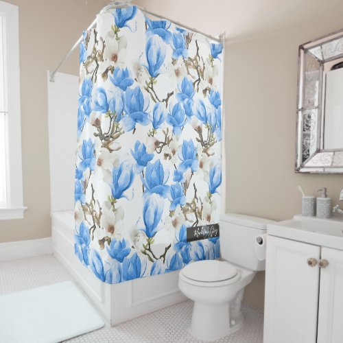 Blue  White Magnolia Blossom Watercolor Pattern Shower Curtain