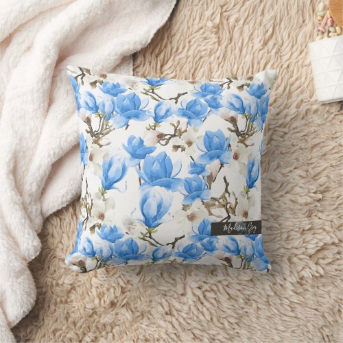 Blue  White Magnolia Blossom Watercolor Pattern Throw Pillow