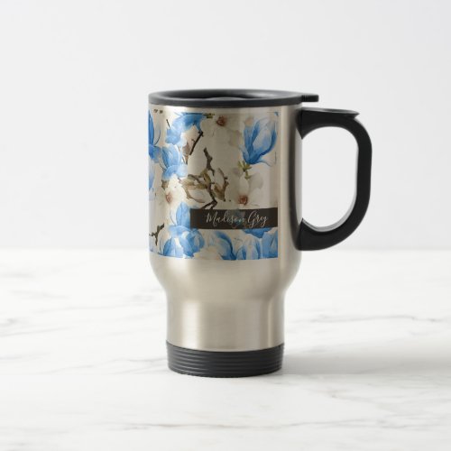 Blue  White Magnolia Blossom Watercolor Pattern Travel Mug