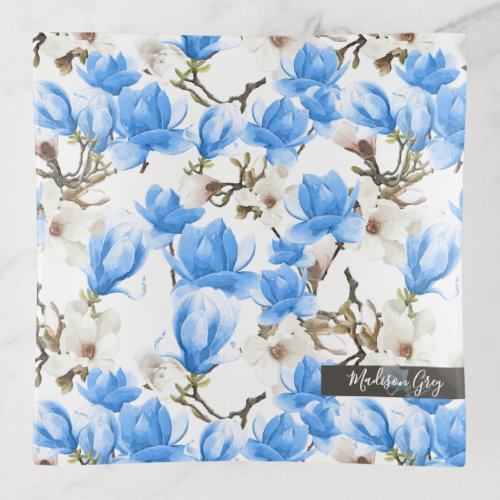 Blue  White Magnolia Blossom Watercolor Pattern Trinket Tray