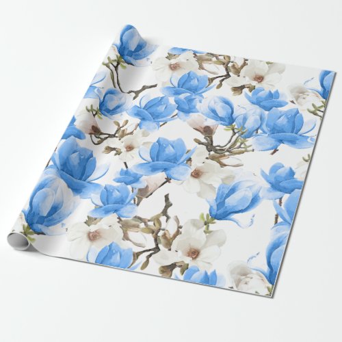 Blue  White Magnolia Blossom Watercolor Pattern Wrapping Paper