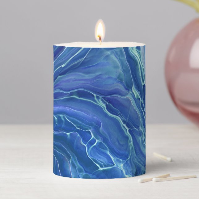 Blue & White Marble Acrylic Abstraction Pillar Candle (In Situ)