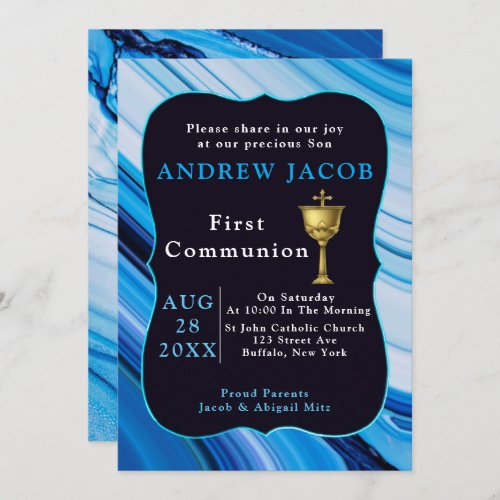 Blue White Marble Gold Chalice First Communion  Invitation